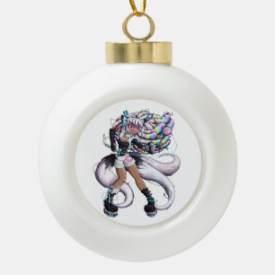 Cyber Kitsune Girl Ceramic Ball Christmas Ornament