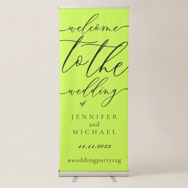 Cyber Lime Jet Black Calligraphy Welcome wedding Retractable Banner (Front)
