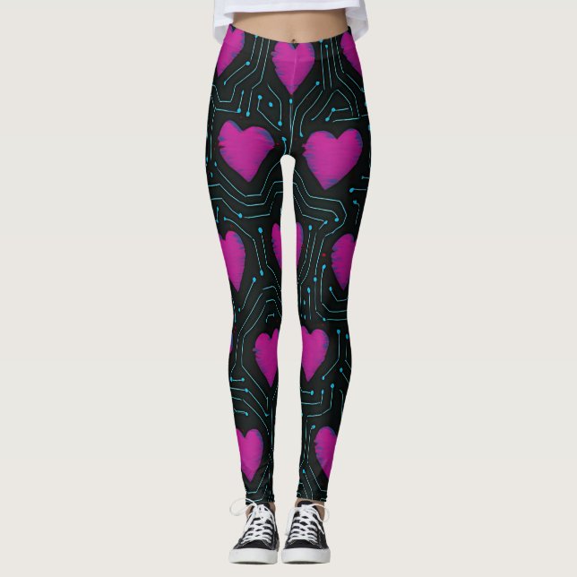 Cyber Love Circuit – Tech Heart Pattern Design Leggings (Front)