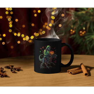 Cyber Neon Skeleton Riding Robo Dino – Halloween Coffee Mug