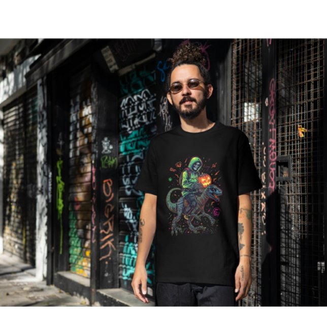 Cyber Neon Skeleton Riding Robo Dino – Halloween  T-Shirt (Creator Uploaded)