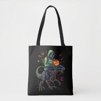 Cyber Neon Skeleton Riding Robo Dino – Halloween Tote Bag