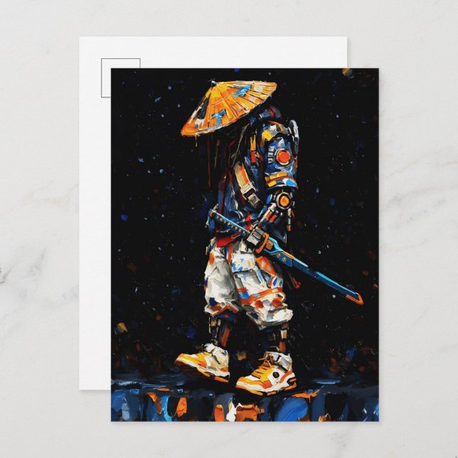 Cyber Ninja Palette Knife Neon Orange Impasto Postcard (Front/Back)