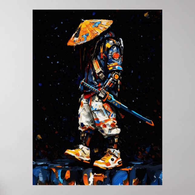 Cyber Ninja Palette Knife Neon Orange Impasto Poster (Front)
