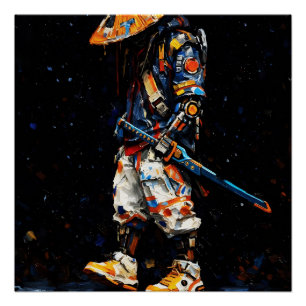 Cyber Ninja Palette Knife Neon Orange Impasto Poster