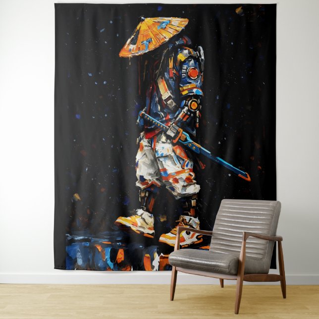 Cyber Ninja Palette Knife Neon Orange Impasto Tapestry (In Situ)