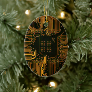 Cyber Orange PCB Circuit Board Trace Pattern Art Ceramic Tree Decoration