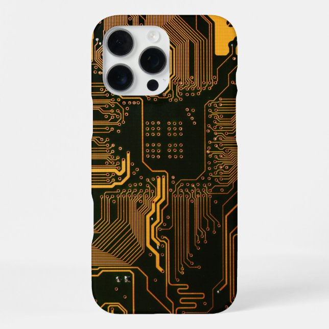 Cyber Orange PCB Circuit Board Trace Pattern Art iPhone Case (Back)