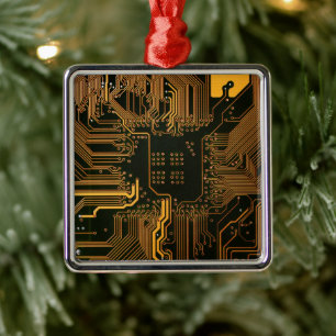 Cyber Orange PCB Circuit Board Trace Pattern Art Metal Tree Decoration