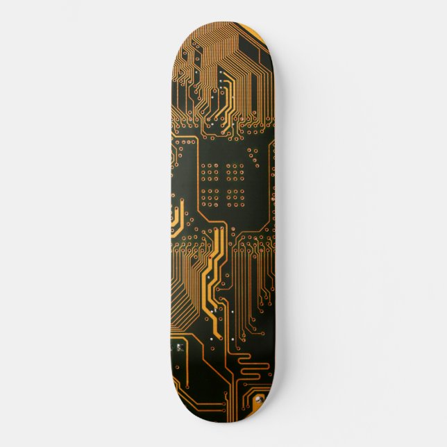 Cyber Orange PCB Circuit Board Trace Pattern Art Skateboard (Front)