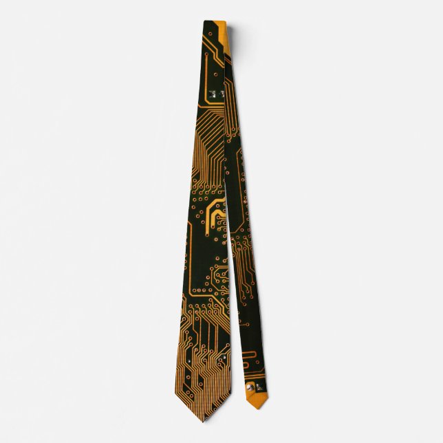 Cyber Orange PCB Circuit Board Trace Pattern Art Tie (Front)