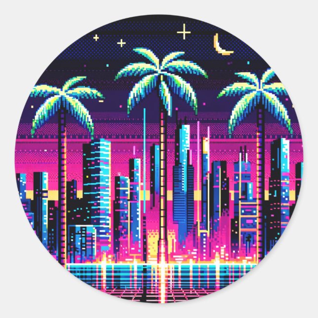 Cyber Palms: Neon Nightscape Classic Round Sticker (Front)