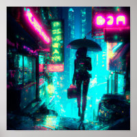 Cyber punk art city night neon signs