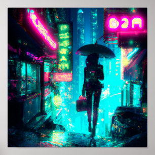 Cyber punk art city night neon signs