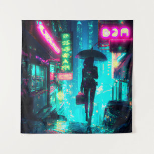 Cyber punk art city night neon signs tapestry