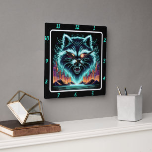 Cyber Racoon Neon Skyline  Square Wall Clock