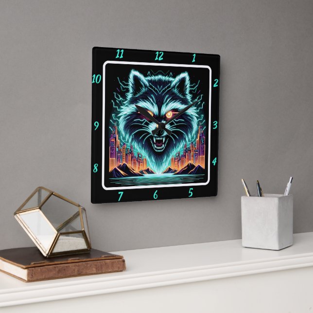 Cyber Racoon Neon Skyline  Square Wall Clock (Office)