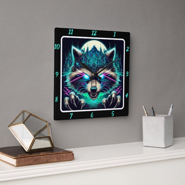 Cyber Racoon Urban Neon Square Wall Clock (Office)