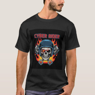 Cyber Rider Pixel Art Skull Flames & Pistons  T-Shirt