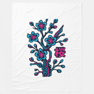 Cyber Sakura Japanese Cherry Blossom Fleece Blanke Blanket