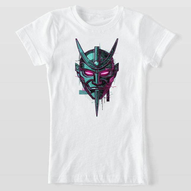 Cyber-Samurai Oni Mask – Futuristic Synthwave Grap T-Shirt (Laydown)