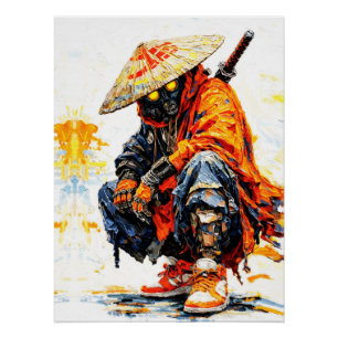 Cyber Samurai Palette Knife Neon Orange Impasto Poster