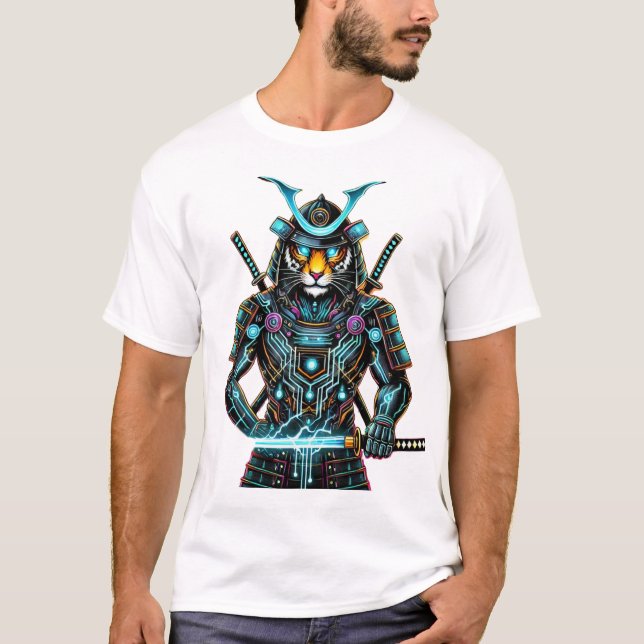 Cyber Samurai Tiger – Futuristic Warrior Art T-Shirt (Front)