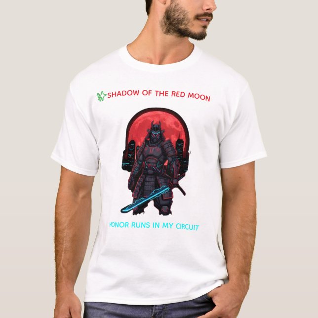 Cyber Samurai Under the Red Moon – Neon Warrior T-Shirt (Front)