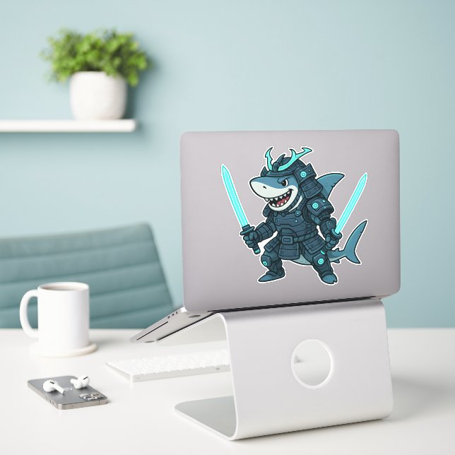 Cyber Shark in Armor with Dual Swords Sticker (Laptop On Desk)