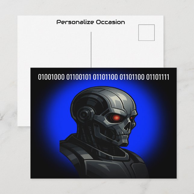 Cyber Skull Blue Glow Binary Hello Tech Design  Holiday Postcard (Front/Back)