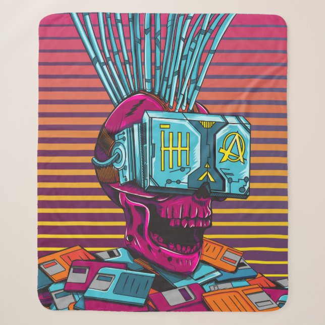 Cyber Skull Virtual Reality Cyberpunk floppy disc  Sherpa Blanket (Front)