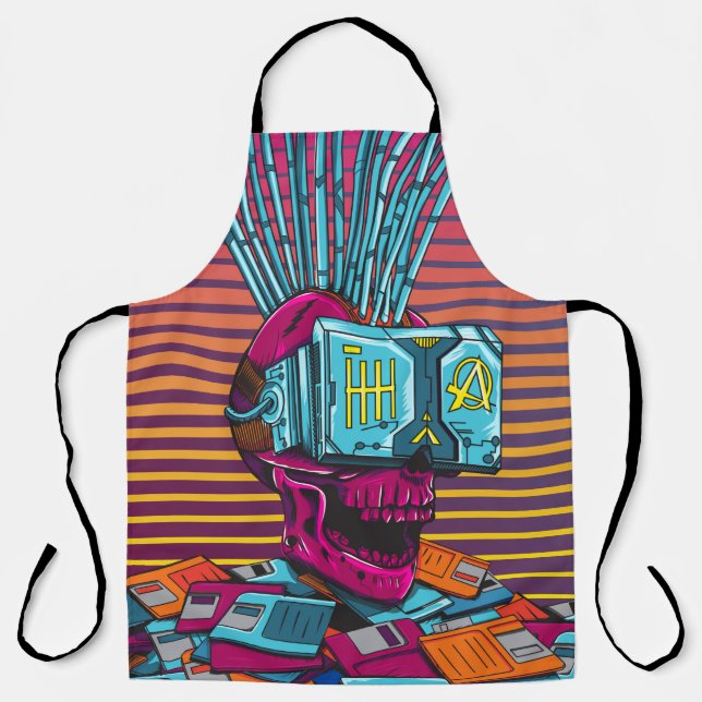 Cyber Skull Virtual Reality Cyberpunk floppy disk  Apron (Front)