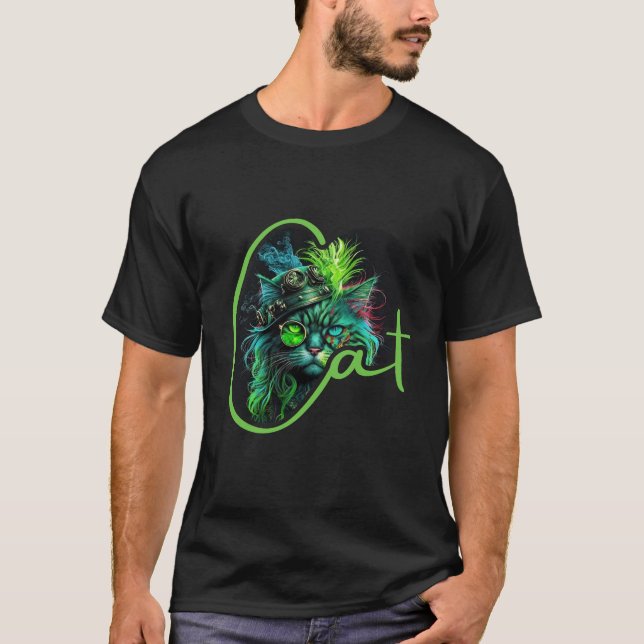 Cyber Steampunk Cat – Neon Futuristic Cat Lover T-Shirt (Front)