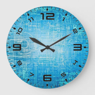 Cyber Tech Blueprint - Electric Blue Wall Clock