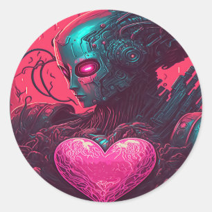 "Cyber Valentine" Design of Cybernetic Woman Classic Round Sticker