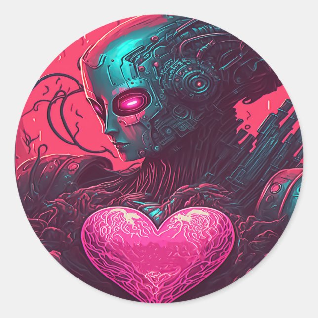 "Cyber Valentine" Design of Cybernetic Woman Classic Round Sticker (Front)