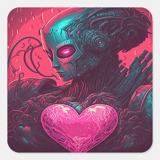 "Cyber Valentine" Design of Cybernetic Woman Square Sticker (Front)