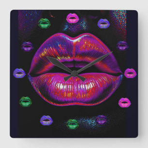 Cyber Venus Lips – Colourful Lips Portrait Square Wall Clock