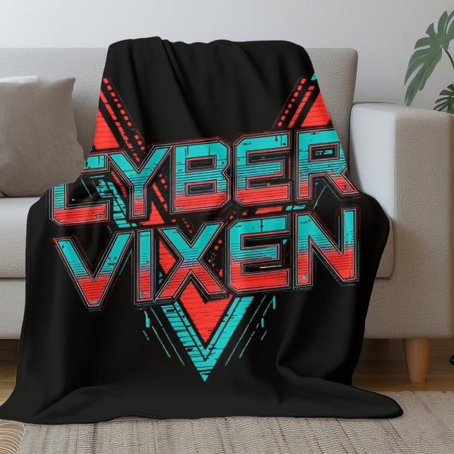 Cyber Vixen Gamer Girl Black Red Teal Video Gaming Fleece Blanket (Creator Uploaded)