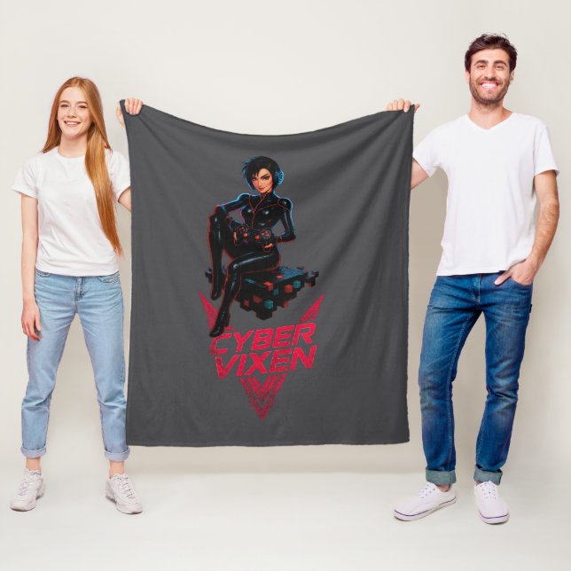 Cyber Vixen Gamer Girl - Gray Video Gaming Graphic Fleece Blanket (In Situ)