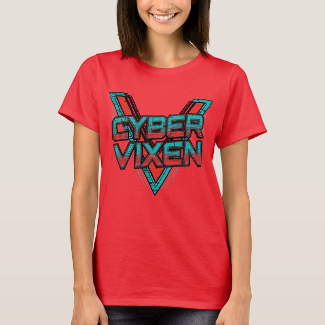 Cyber Vixen - Red Teal Gamer Girl Graphic Gaming T-Shirt (Front)
