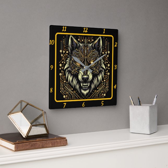 Cyber Wolf Neon Colour Art Square Wall Clock (Office)