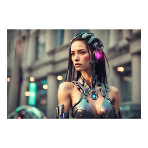cyber woman listening to music photo print