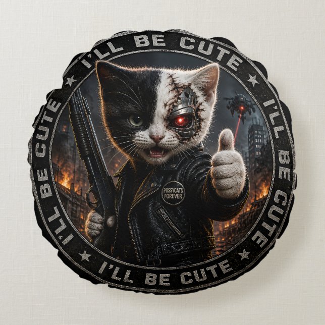 Cybernetic cat/cyborg cat round cushion (Front)
