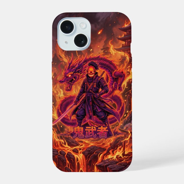 Cybernetic Fire Samurai & Dragon iPhone 15 Case (Back)