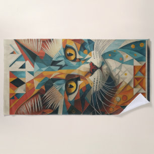 CYBERNETIC KITTY CAT ABSTRACT GEOMETRIC CUBISM BEACH TOWEL