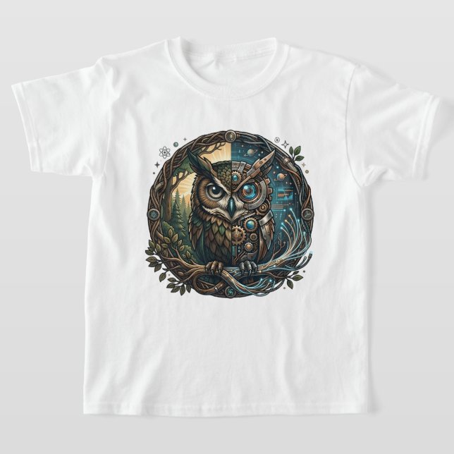 Cybernetic Owl Nature vs Technology Steampunk T-Shirt (Laydown)