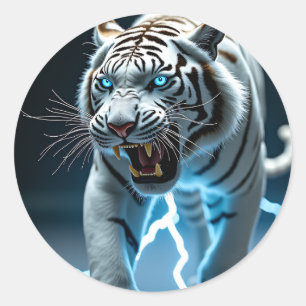 Cybernetic White Tiger Platinum Armor Electric Art Classic Round Sticker