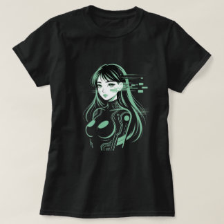 Cybernetica Neon Glitch Anime Girl Digital Art T-Shirt