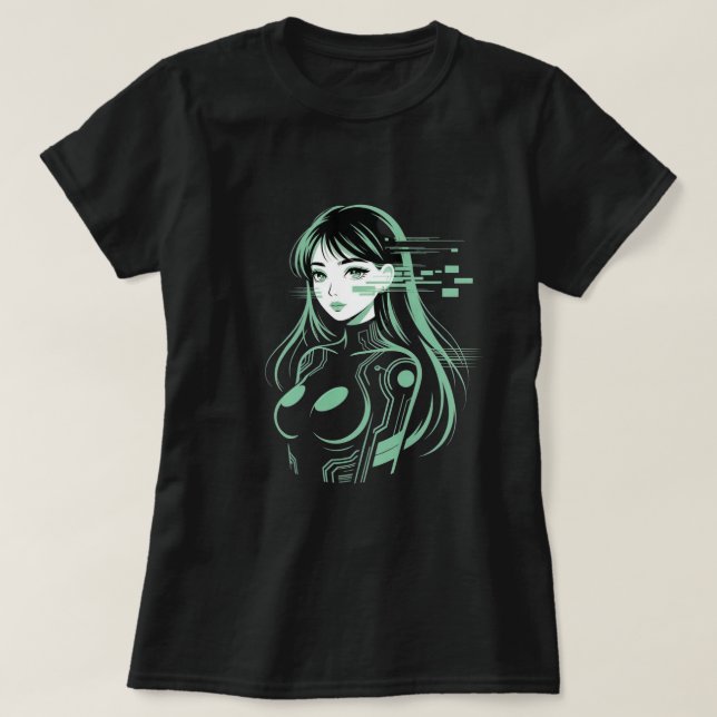 Cybernetica Neon Glitch Anime Girl Digital Art T-Shirt (Design Front)